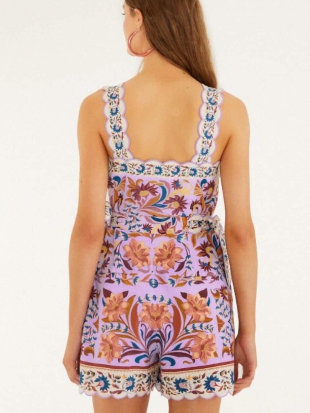 Farm Rio Flower/Floral Tiles Lilac Scalloped Linen Romper Size Medium NWT - Picture 3 of 16